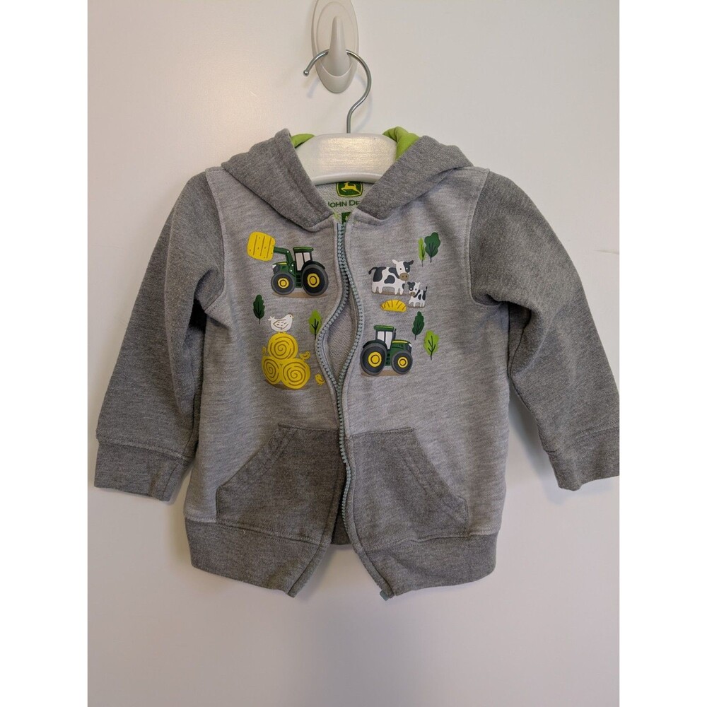 John Deere Toddler Gray Tractor Front Zip Hoodie Sweatshirt 18M Farm Animal Cows